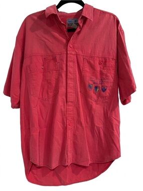 Vintage 90s Bugle Boy Shirt Men's SM Red Short Sleeve Embroidered Crest Utility